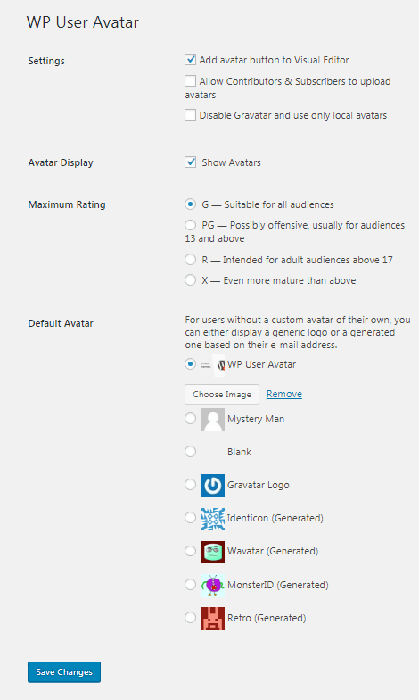WP User Avatar settings page