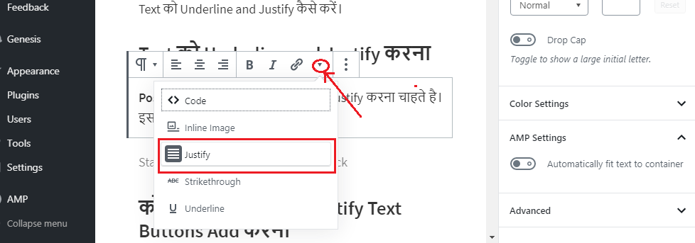 WordPress Post Editor में Text को Underline and Justify कैसे करें